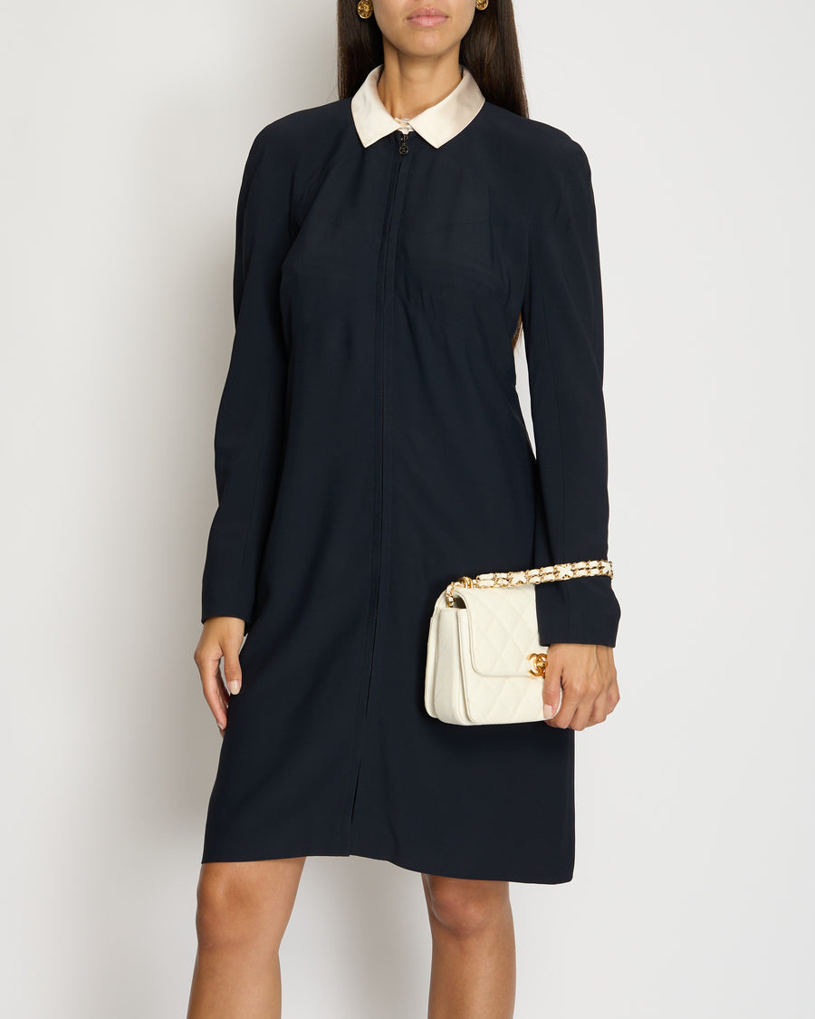 *VINTAGE* Chanel 97/A Navy Long Sleeve Midi Dress with Detachable Collar Detail FR "Petit" (UK 12)