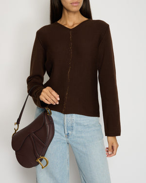 Chanel 99/A Brown V Neck Knitted Jumper with Gold Stitch Detail FR 38 (UK 10)