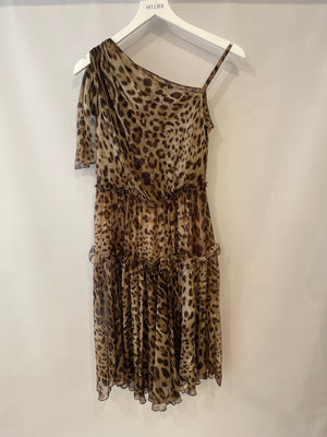 Dolce 
Gabbana Brown Silk Leopard Asymmetric Tiered Midi Dress Size IT 44 (UK 12)