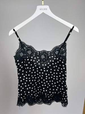 Dolce 
Gabbana Black and White Polkadot Top with Lace Hem Detail Size S (UK 8)