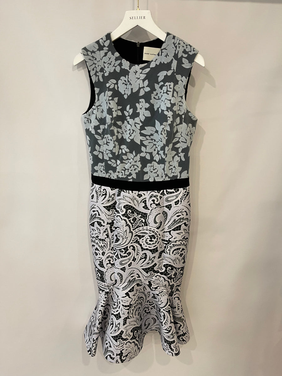 Mary Katrantzou Light Blue and Black Flocked Tulle Midi Ruffle Dress Size UK 8 RRP £1,970