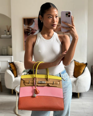 Hermès Birkin 35cm Replica Jewelry
 Sunrise Rainbow Bag in Epsom Lime / Sesame / Rose Confetti / Terre Battue Leather with Palladium Hardware