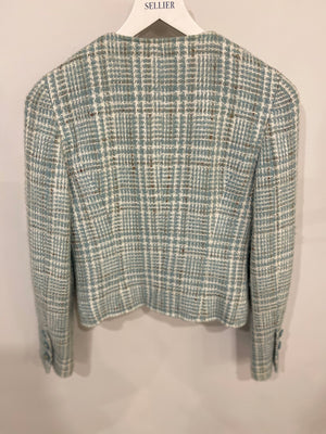 Chanel 1997 Vintage Baby Blue, Brown and White Tweed Jacket with CC Button Details Size FR 34 (UK 6)