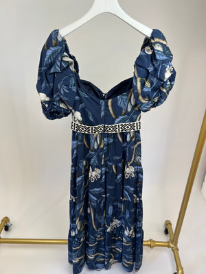 Johanna Ortiz Navy Blue Floral Print Tiered Maxi Dress with Belt Size US 2 (UK 6)