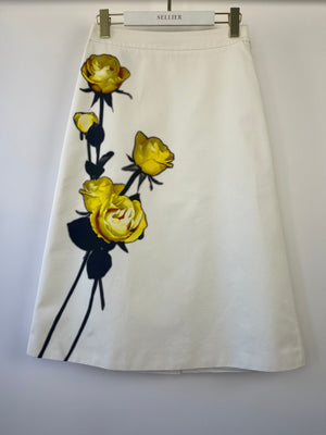 Prada White, Yellow Floral Printed Midi Skirt IT 42 (UK 10)