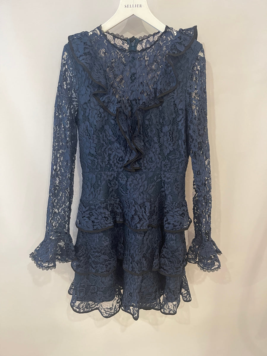 Alexis Navy Blue Lace Ruffle Mini Dress Size S (UK 8)