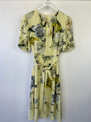 Erdem Yellow Floral Midi Dress with Bow Detail Size UK 10