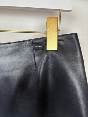 Chanel Navy Lambskin Leather Skirt with Small Chanel Plaque Detail Size FR 40 (UK 12)