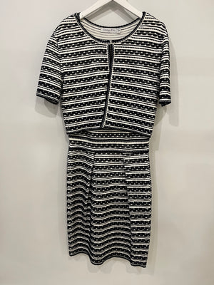 Christian Dior Navy and White Striped Textured Midi Dress and Cardigan Set Size FR 42 (UK 14)