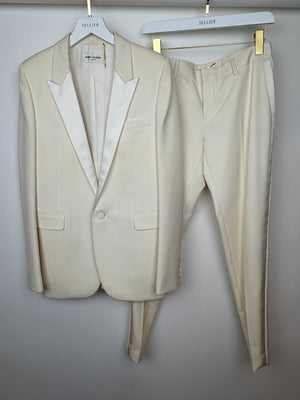 Saint Laurent Cream Suit Jacket and Trouser Set With Silk Lapel Detail Size FR 36 (UK 8)