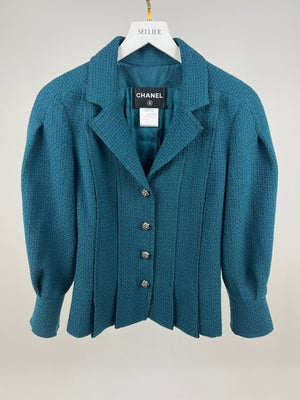 Chanel Teal Tweed Jacket with Silver Button Detail Size FR 40 (UK 12)