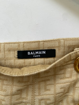 Balmain Printed Beige High Waisted Denim Shorts With Gold Logo Buttons Size FR 34 (UK 6)