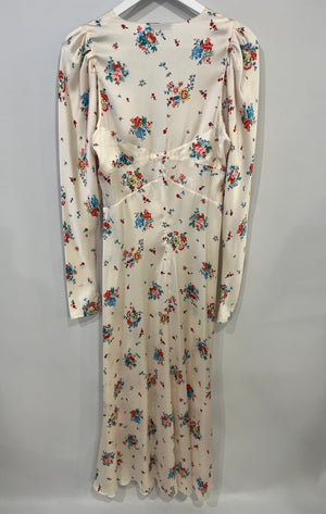 Paco Rabanne Cream Floral Long-Sleeve V-Neck Midi Dress with Button Detail Size FR 40 (UK 12)