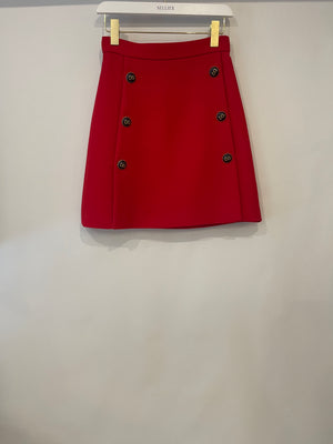 Dolce 
Gabbana Red Wool Mini Skirt with Black and Gold Logo Buttons Size IT 38 (UK 6)