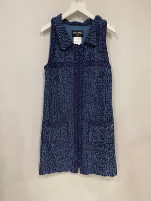 Chanel Blue Tweed Sleeveless Dress with Pockets and CC Button Detail Size FR 38 (UK 10)