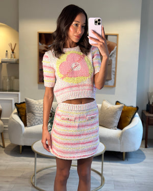 *RUNWAY* Chanel 24C Resort Pink 
Yellow Multi-colour Jumper and Skirt Set with Cupid Heart "Coco" Detail Top Size FR 34 (UK 6) Skirt Size FR 36 (UK 8)