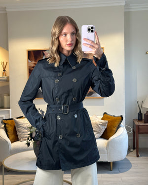 Burberry Navy Classic Trench Coat with Belt and Button Details Size UK 8