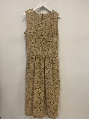 Prada Metallic Gold Sleeveless Floral Crochet Midi Dress Size IT 42 (UK 10)