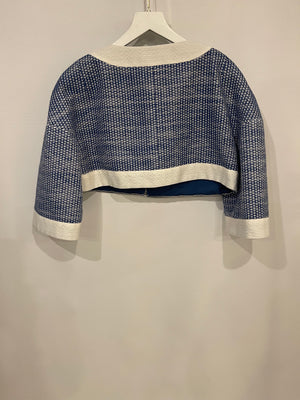 Chanel Blue and White Mid-Sleeve Cropped Jacket with Zip and Pockets Size FR 38 (UK 10)