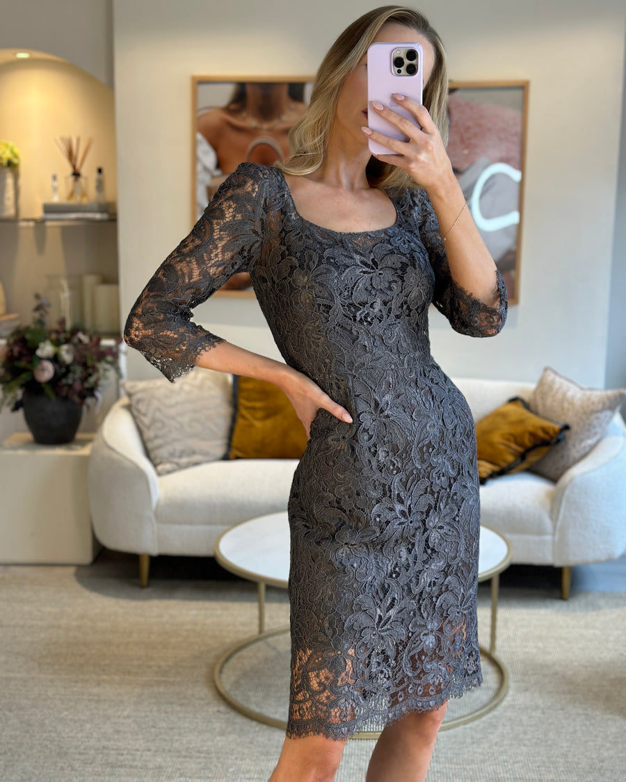 Dolce Gabbana Grey, Silver Lace Long-Sleeve Midi Dress with Slip Size IT 42 (UK 10)