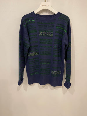 Chanel Navy Cashmere Long-Sleeve Jumper with Green Sequin Embellishments Size FR 36 (UK 8)