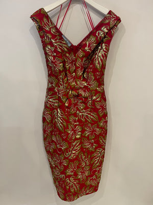 Prada Red 
Gold Midi Dress with Floral 
Bow Detail Size IT 40 (UK 8)