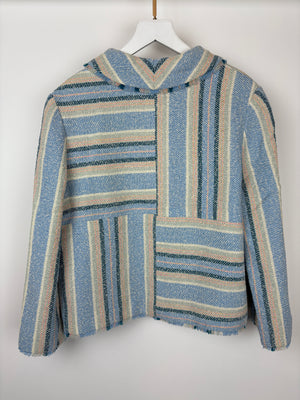 Chanel 00/C Blue and Green Striped Tweed Jacket with Transparent Blue CC Logo Button Details Size FR 46 (UK 18)