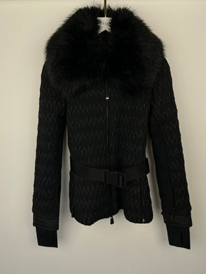 Moncler Black Grenoble Ruched Ski Jacket with Belt and Black Faux Fur Trim Size 2 (UK 12)