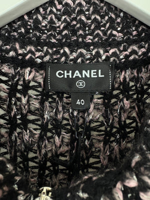 Chanel Black, Pink 
Metallic Silver Wool Knit Short Sleeve Mini Dress Silver Zip Up Detail Size FR 40 (UK 12)