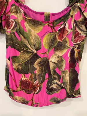 Dolce 
Gabbana Pink Fig Printed Silk Corset Top with Puffy Sleeves Size IT 42 (UK 10) RRP £1,050