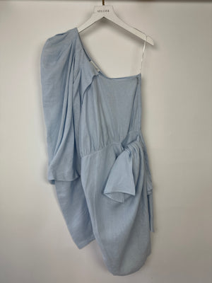 Piece Of White Blue Off-Shoulder Asymmetric Linen Dress Size XS (UK 6)