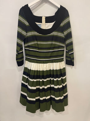 Prada Khaki, Navy 
White Striped Mid-Sleeve Off-Shoulder Dress Size IT 40 (UK 8)