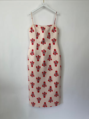 Emilia Wickstead Beige Midi Dress with Abstract Red Printed Detail Size UK 12