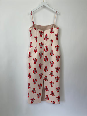 Emilia Wickstead Beige Midi Dress with Abstract Red Printed Detail Size UK 12