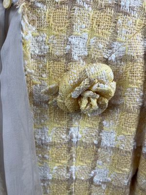 Chanel 04C Yellow and White Tweed Jacket and Grey Silk Shorts Set with Camelia Tweed Pin Detail Size FR 36 (UK 8)