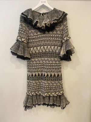 Chanel 2009 Paris-Moscow Black, Grey, Beige Wool and Mohair Mini Ruffle Dress Size FR 38 (UK 10) RRP £3,650