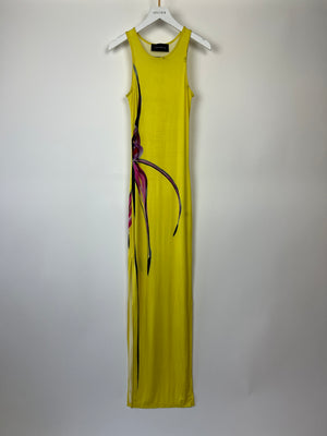 Louisa Ballou Yellow Sleeveless Maxi Dress with Pink Flower Detail Size XS (UK 6)