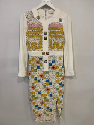 Peter Pilotto White Long Sleeve Midi Dress with Embroidery and Button Details Size S (UK 8)