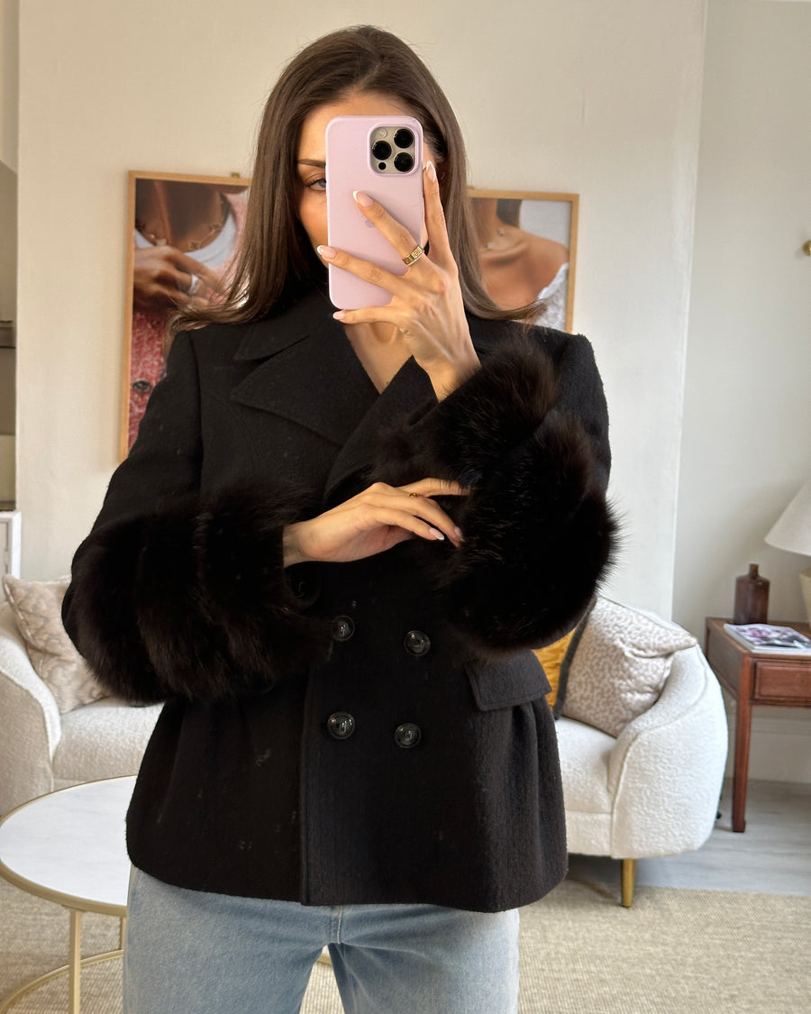 Burberry Black Wool Double-Breasted Coat with Fur Sleeve Detail FR 40 (UK 12)