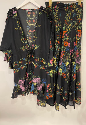 Charo Ruiz Black Blouse and Skirt Set with Colourful Floral Detail Size XS (UK 6)