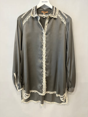 Ermanno Scervino Grey Silk Lingerie Long-Sleeve Shirt with Lace Details Size IT 42 (UK 10)