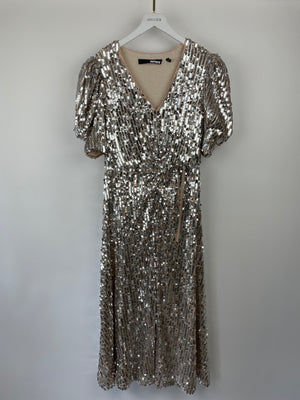 Rotate Silver Sequin Puff Short Sleeve Maxi Dress with Front Slit Size UK 14