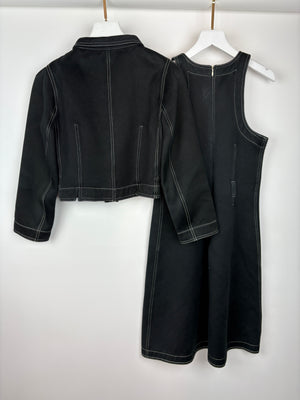 Courreges Black Short Jacket and Midi Dress Set With White Stitching Detail 
White Buttons FR 40/38 (UK 10-12)