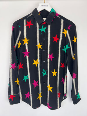 Saint Laurent Black Long-sleeve Silk Shirt With Multicolour Star Print Size FR 36 (UK 8)