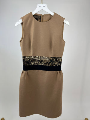 Giambattista Valli Camel Halter-Neck Midi Dress with Leopard Print Waist Detail IT 42 (UK 10)