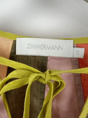 Zimmermann Multi-Colour Stripe Linen Midi Skirt and Top Set with Shell Belt Size 0 (UK 8)