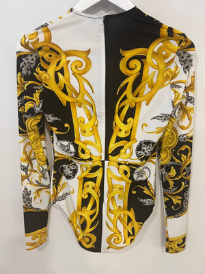 Versace Black, White and Gold Baroque Print Long-Sleeve Bodysuit Size IT 42 (UK 10)