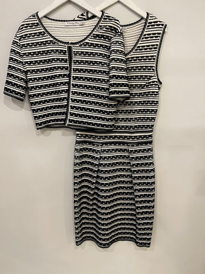 Christian Dior Navy and White Striped Textured Midi Dress and Cardigan Set Size FR 42 (UK 14)