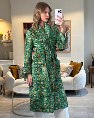 Gucci Long-Sleeve Green Velvet Robe with Multi Colour Floral Embellishment Detail Size IT 36 (UK 4)