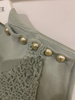 Chanel Pastel Green Textured Sleeveless Midi Dress with CC Pearl Button Details Size FR 36 (UK 8)